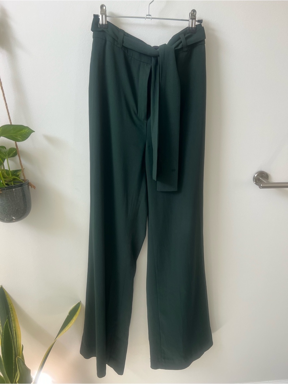 Babaton Forest Green Wide-Leg High-Waist Pants with Self-Tie